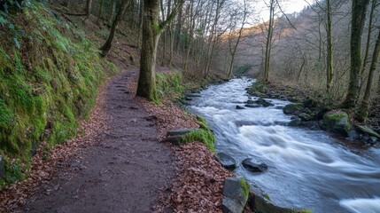 Obraz premium A river winds through a verdant forest, surrounded by trees densely layered with leaves and dotted with rocks