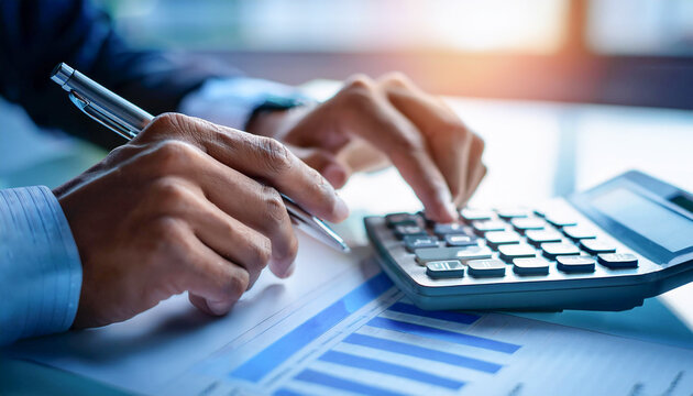 Close-up de unas manos preparando un presupuesto con calculadora y boligrafo concepto de econom&iacute;a y ahorro familiar y trabajo 