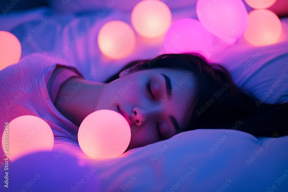 Poster a serene image of a girl sleeping softly surrounded by vibrant pink glowing balloons, evoking a sens