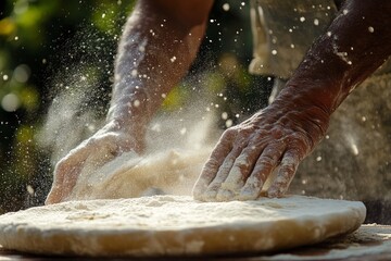 Sunlight filters through leaves, illuminating an artisan's hands as they work dough on an outdoor surface, suggesting a tranquil and rustic baking session.