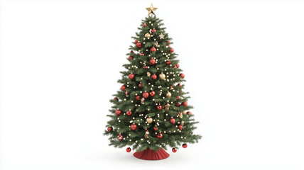beautifully decorated Christmas tree adorned with red and gold ornaments, twinkling lights, and star on top, creating festive and joyful atmosphere