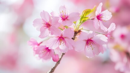 Obraz premium A pink flower, focused closely, atop a branch against a softly blurred backdrop of pink blooms