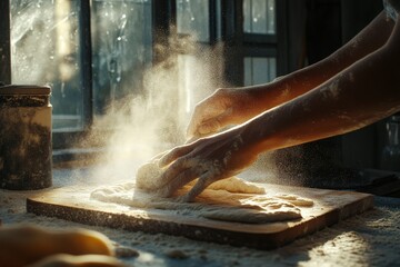 Hands skillfully kneading dough as a cascade of flour falls gracefully in a sunlit kitchen, epitomizing the art of baking with a touch of sunlight magic.