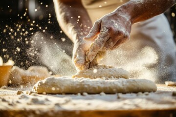 Dynamic action of hands kneading dough while flour remains suspended mid-air, encapsulating the energetic and lively essence of a traditional baking activity.