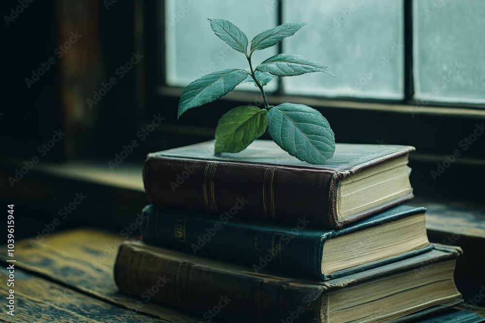 Poster a small green plant grows atop a stack of three old books by a window, symbolizing growth and knowle