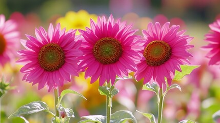  A field of yellow and pink flowers, with a distinctive group of pink sunflowers in the foreground, their bright petals contrasting against the verdant green leaves