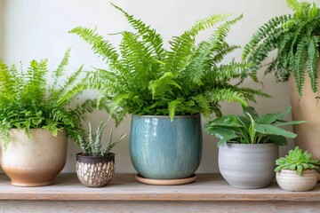 Fototapeta premium A collection of diverse houseplants beautifully arrayed in unique decorative pots on a wooden surface, showcasing the beauty and variety of indoor gardening.