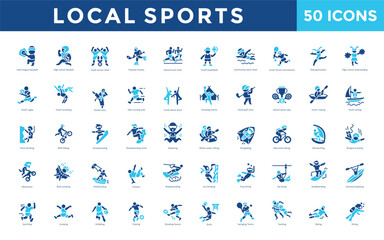 Local sports icon set with little league baseball, high school football, youth soccer team, peewee hockey, school track meet, youth basketball, community swim meet icon. Simple flat vector 
