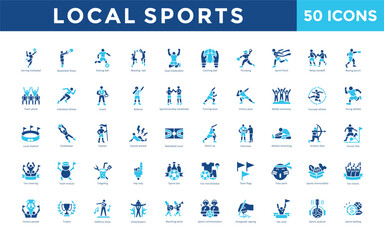 Local sports icon set with serving volleyball, basketball shoot, kicking ball, blocking ball, goal celebration, catching ball, throwing, sprint finish, relay handoff icon. Simple flat vector 
