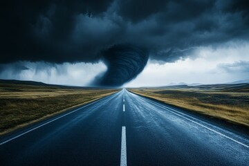 Dramatic view of a massive tornado formation twisting across a deserted highway under ominous dark storm clouds, showcasing nature's violent power in a breathtaking vista.