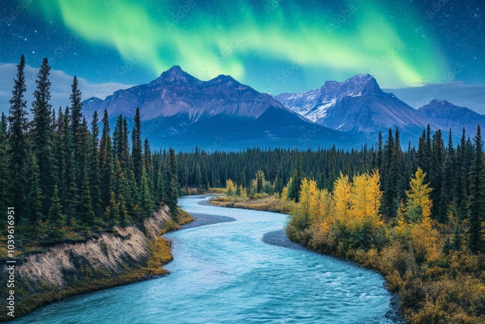 Aufkleber an enchanting view of northern lights stretching across the sky over a twisting river with mountains