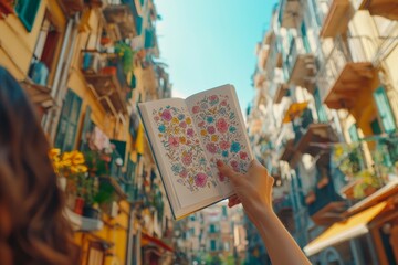 Fototapeta premium Vibrant street scene with a person holding a floral journal symbolizing travel creativity and colorful inspiration perfect for lifestyle and artistic themes