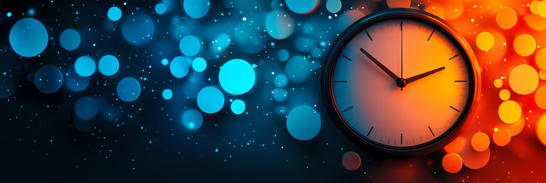 A classic analog clock with black hands against a backdrop of warm orange and cool blue bokeh lights. The image conveys a sense of time passing and the contrast of colors adds visual interest.