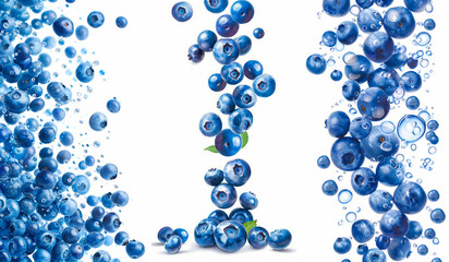 Obraz premium Fresh blueberries falling and splashing into water creating bubbles on a white background