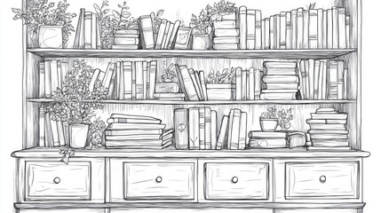 A cozy bookshelf filled with books and potted plants, creating a warm and inviting atmosphere in a serene reading nook, coloring page