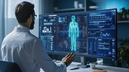 Fototapeta premium A doctor conducting a virtual consultation with a patient via a high-tech, sleek computer interface in a modern home environment, with medical data and health charts visible on the screen 