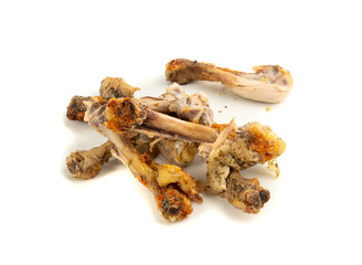 Chicken Leftovers, Unfinished Grilled Chicken on Dirty Plate Isolated, Meat Pieces and Bones after Dinner