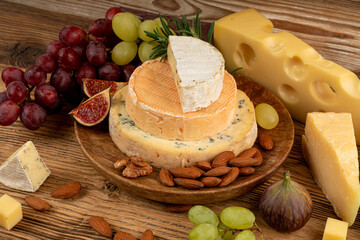 Cheese plate of color cheeses variety, yellow, white and blue cheese board, assorted dairy products