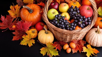 Basket of assorted fruits and pumpkins with autumn leaves on dark background