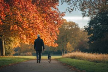 Obraz premium A serene walk in the park during autumn. Vibrant leaves create a stunning backdrop. A man walks his dog on a peaceful path. Relaxation and connection with nature. Generative AI