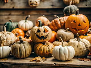 Halloween background with pumpkins and Halloween decorations, cute and funny autumn background