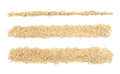 Dry raw oat flakes line isolated, rolled flat grains border, instant porridge, thin cereals, rolled oats