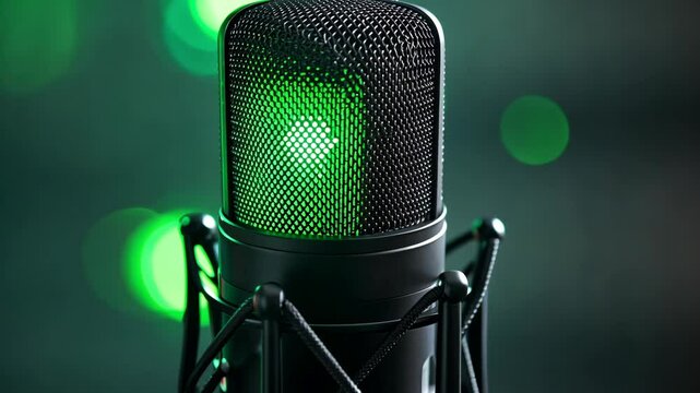 A black microphone with a green light is ready to record audio in a studio