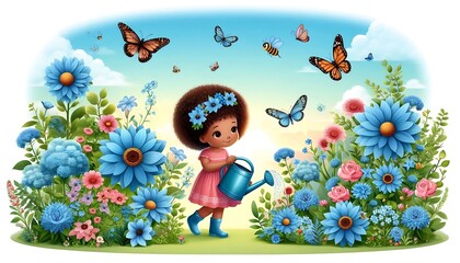 Obraz premium Blue flower garden and girl