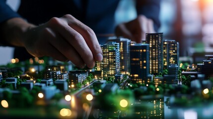 Obraz premium Model cityscape with hands adjusting buildings and lights at night.