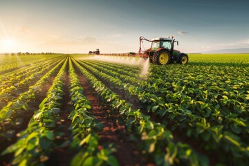 Obraz premium A farmer operates a tractor on a green field. The sun shines brightly in the background. This image captures agricultural work and modern farming techniques. Generative AI