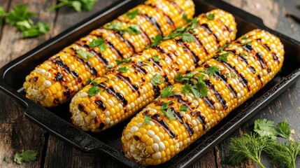 Grilled corn on the cob garnished with herbs, served on a rustic wooden table.