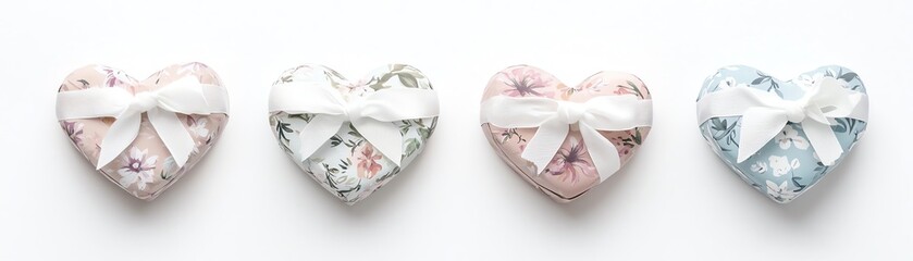 Four decorative heart-shaped gift boxes with floral patterns on a white isolate background.