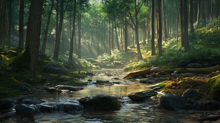Obraz premium Stunning digital illustration of a serene forest landscape featuring a tranquil river flowing through lush greenery, capturing the beauty of nature in a vibrant, idyllic setting