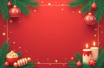 Red background with Christmas decorations from fir branches, Christmas balls, sweets and candles. Flat lay, top view and copy space for text.