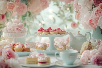 A beautiful display of pastel desserts and floral decor. This image captures a sweet tea party ambiance. Perfect for celebration themes. Generative AI