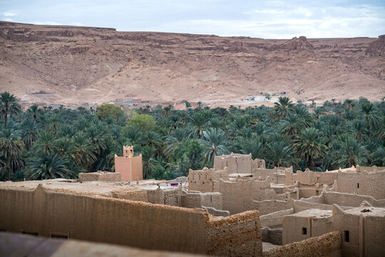 Small town and mosque into the immense Tafilalet oasis in Morocco, North Africa. The largest oasis in the world. Ziz River in the middle of the desert between the cities of Erfoud and Rissani