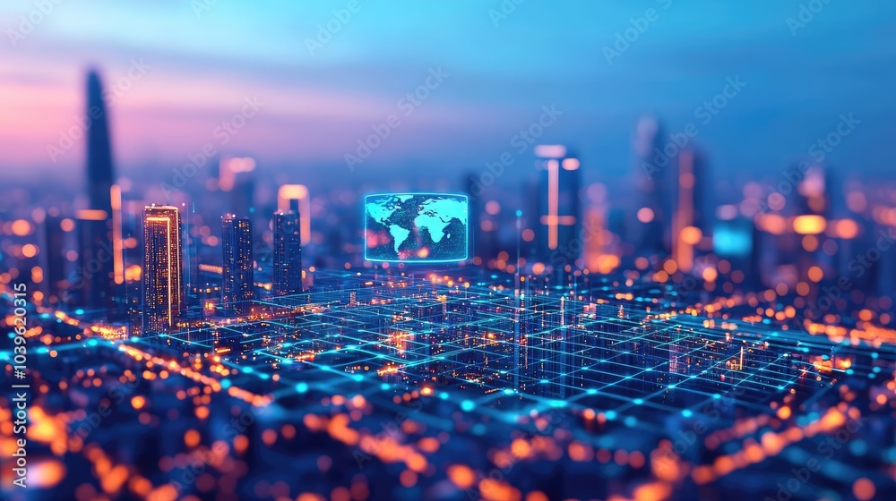 Poster futuristic cityscape with digital interfaces and glowing grid over urban skyline.