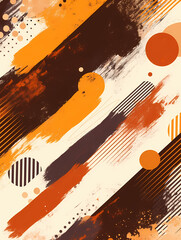 Abstract background with warm orange and brown hues, featuring diagonal brush strokes, geometric shapes, and a textured effect.