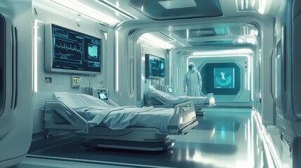 A minimalist depiction of a futuristic hospital room with smart beds and interactive screens, emphasizing the simplicity and efficiency of the technology without clutter. 