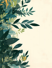 Abstract watercolor illustration of leaves and branches in shades of green and yellow against a cream background.  This design could be used for a variety of purposes, such as invitations, stationery,