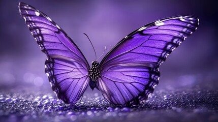 Fototapeta premium A tight shot of a purple butterfly against a deep purple and black backdrop, its wings slightly out of focus