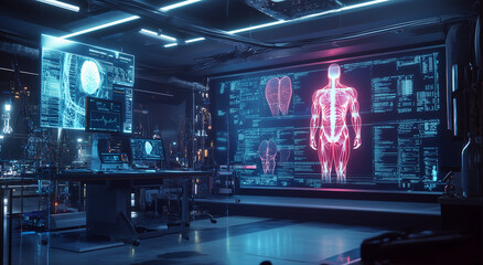 A futuristic digital interface displays a human skeleton and brain scans in a high-tech laboratory.