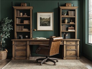 Luxurious study room with deep forest green walls and dark brown wooden furniture