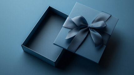 3D open gift box with ribbon bow on lid on fashion dark navy blue background. romantic gift present template design for online shopping sale party with copy space