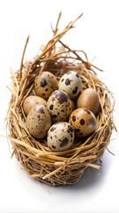 Obraz premium Speckled Quail Eggs in a Straw and Twig Nest