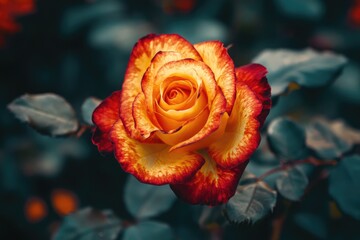 Red garden roses with yellow patterns blooming in Bandung.