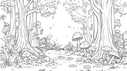 A whimsical forest path filled with mushrooms and lush trees invites adventures in a magical escape during a sunny day, coloring page