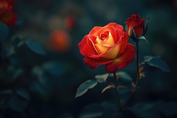 Red garden roses with yellow patterns blooming in Bandung.