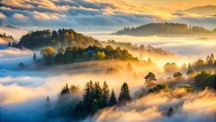 Fototapeta premium Ethereal Soft Wisps of Fog Drift Like Fleeting Dreams Over a Serene Landscape at Dawn