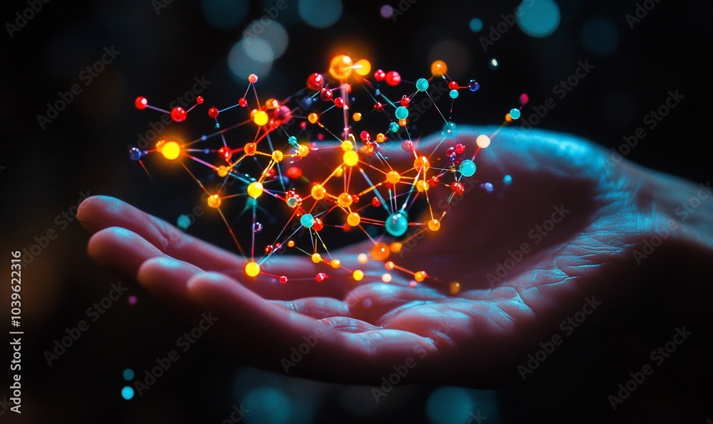 Poster a hand holds a glowing network of interconnected dots and lines representing a concept of connectivi